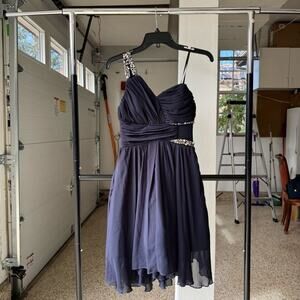 Way In Cocktail Dress Women’s Size 3 Navy Blue Chiffon One-Shoulder Rhinestone